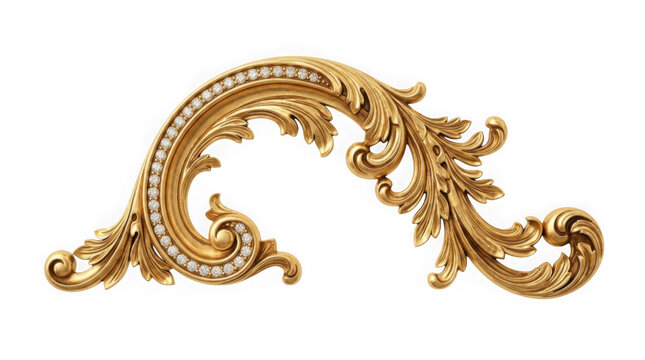 Ornate golden decorative element with embedded diamonds isolated on transparent background