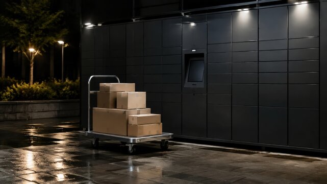 Delivery cart with packages at a locker station during night time
