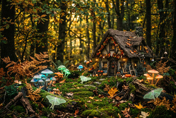 Obraz premium Whimsical fairy cottage in enchanted autumn forest with glowing mushrooms