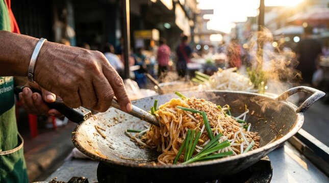 Street vendor cooking stir fry noodles in a hot wok.