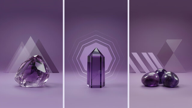 Three panels featuring amethyst crystals and geometric shapes on a solid purple background