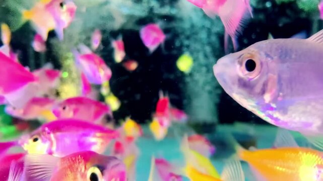 School of bright pink and red tropical aquarium fish swimming in water