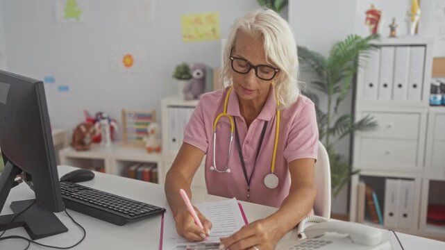 Woman doctor with stethoscope writes medical notes with pen in hand at a clinic desk in a building; calm compassion.