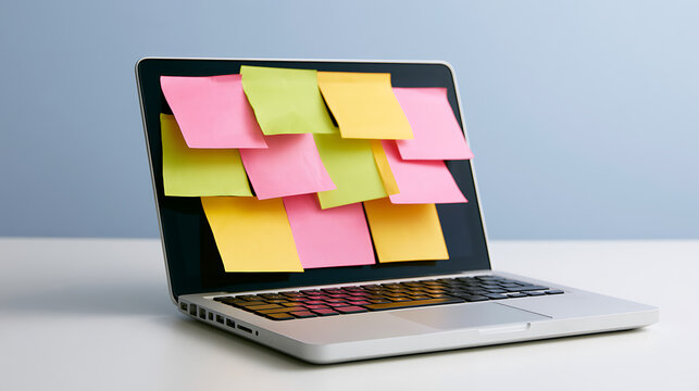Modern laptop computer with colorful adhesive notes stuck on the screen for task management and project planning in a clean office setting
