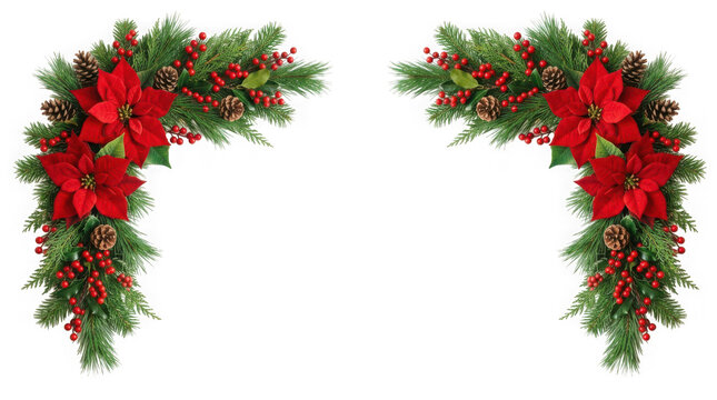 Christmas decorative corner borders with poinsettia flowers, pine branches, berries, and cones isolated on white isolated on transparent background