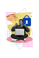 Vertical photo collage of happy american girl it master hold laptop lock keyhole password hacking...
