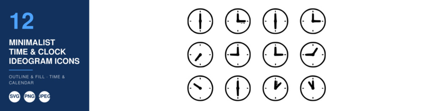 Time Clock Icons Set, Minimalist Ideogram Design, Outline and Fill Styles, Calendar Illustration