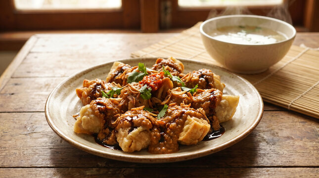 Traditional Indonesian batagor consisting of crispy fried fish and tofu dumplings served with rich peanut sauce, representing authentic Indonesian street food and local culinary culture
