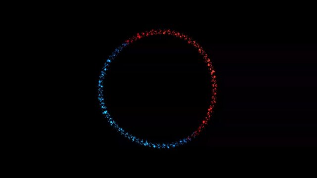 Glowing ring forms against a dark void. Blue and red particles dance around the circle's edge. The light pulses with a hypnotic, swirling motion. Perfect for digital art or motion graphic overlays
