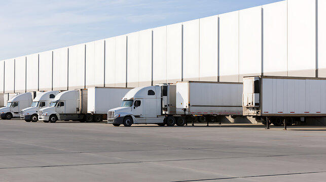 A row of modern white semi trucks with large cargo trailers parked at the loading dock of a massive industrial warehouse distribution center