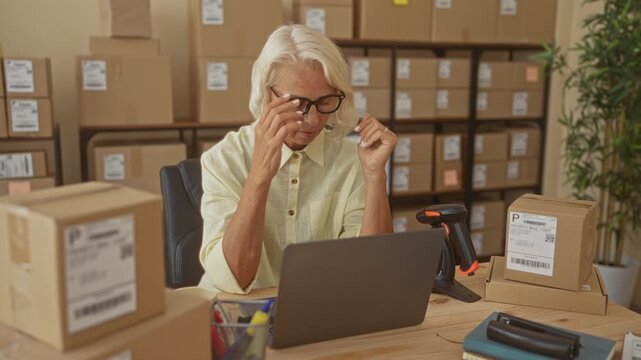 Woman removing glasses and rubbing forehead at packing warehouse by laptop and barcode scanner, surrounded by shipping boxes and labels; small business fatigue.