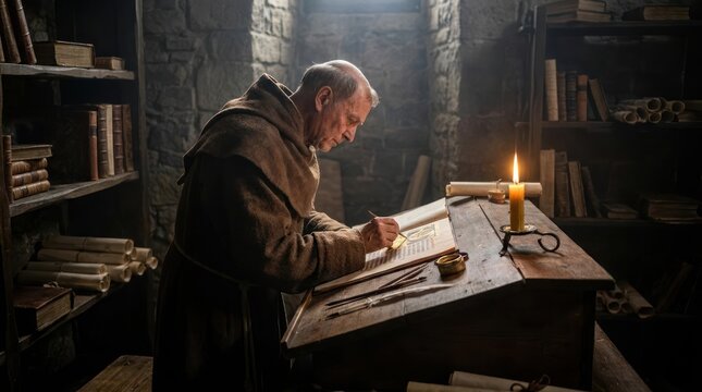 Medieval monk writing on parchment by candlelight.