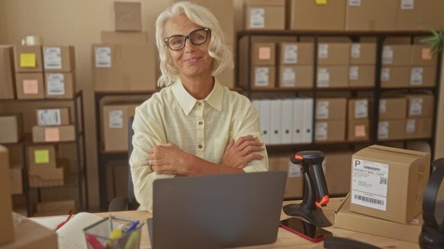 Woman at desk with laptop and arms crossed in a small business building amid stacked cardboard boxes and barcode scanner; entrepreneurship confidence.