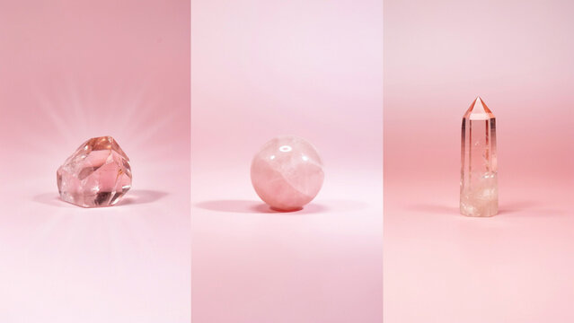 Rose quartz crystal gemstones and spheres on a soft pastel pink background