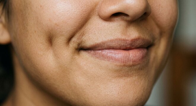 Close-up of smiling woman with dimple and natural real skin texture
