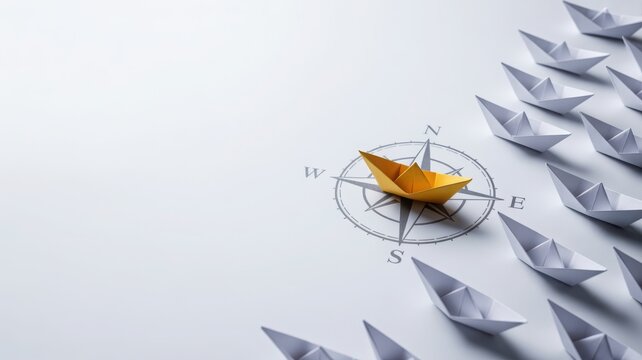 Yellow paper boat leading white boats on compass