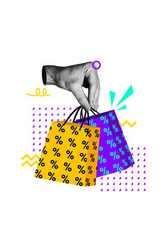 Vertical poster collage 3d hand body fragment packages shopping bags sales discount promotion rate drawing background weekend special offer