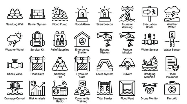 Flood prevention and disaster management line icon set featuring emergency response equipment like sandbags and sirens for civil protection and safety.