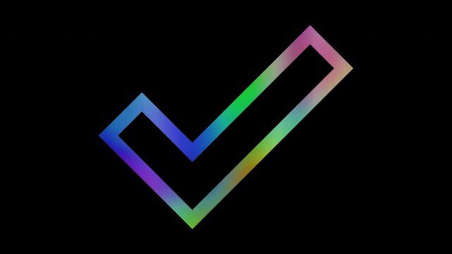 Colorful abstract patterns of outline a sharp checkmark symbol, alpha channel, looping