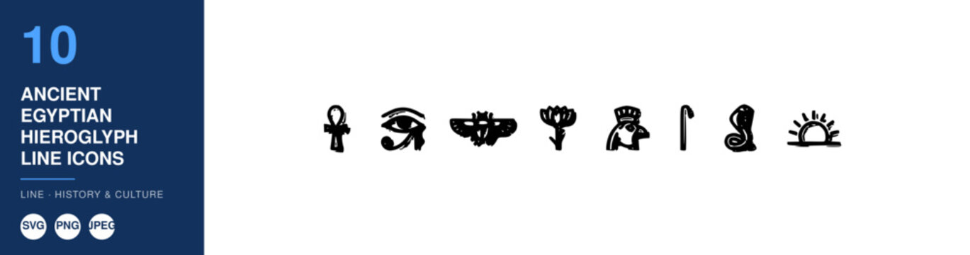Egyptian Hieroglyphs Line Icons Set, Ancient Symbols and Cultural Elements, Design for History and Archaeology