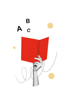 Vertical photo collage of hand hold open book vocabulary letters knowledge study bookworm reader hobby isolated on painted background