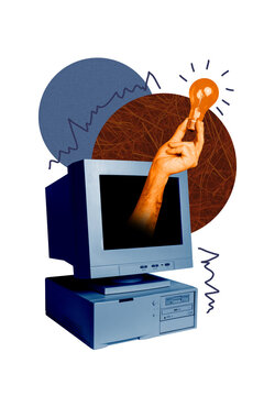 Contemporary vertical photo collage of hand hold light bulb power idea finding blackout peek computer monitor freelance tactics
