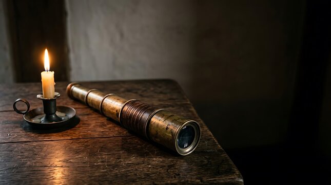 Antique brass telescope and lit candle on rustic wooden table