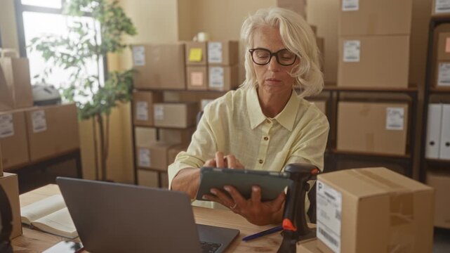 Woman holding tablet and pen, tapping screen while using laptop and barcode scanner amid packed boxes in a building; small business focus.