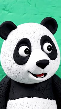 Cute round faced panda character with big black and white eyes, friendly expression, close up portrait against solid mint green background, playful ai generated animation.