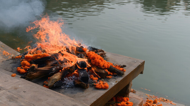 High-angle view of a Hindu Antyesti funeral pyre burning on a raised riverside cremation platform, charred wood surrounded by orange marigold garlands as flames and gray smoke rise