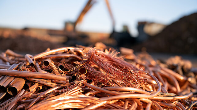 A large pile of scrap copper wire and metal pipes at a recycling yard with industrial machinery in the blurred background at sunset