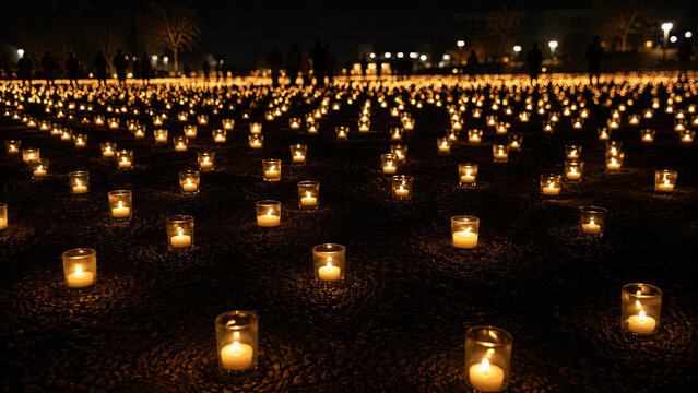 World AIDS day. Small candles arranged in rows across dark ground at night. Candlelight vigil concept.