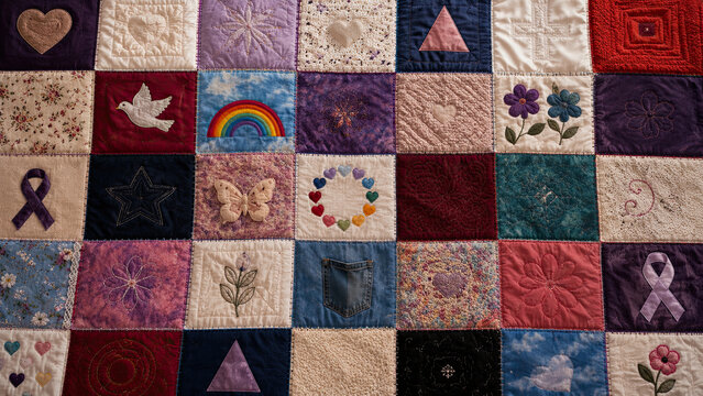 World aids day. Overhead shot of a large handmade fabric memorial quilt with varied colorful patterns and textures stitched together. Memorial quilt tradition concept