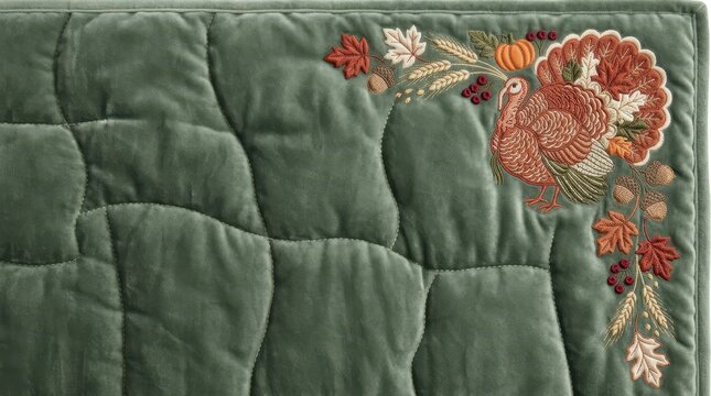 Quilted velvet Thanksgiving turkey border and autumn leaves 3D background with copy space designed for fashion textile and home furnishings seasonal branding