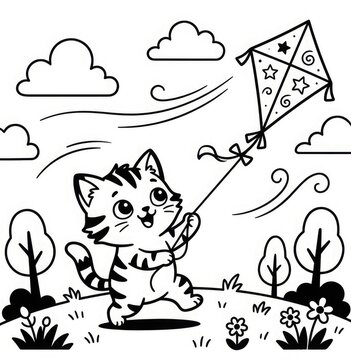 Happy tabby kitten running with a star patterned kite