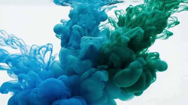 Abstract background of blue and emerald green ink swirling into clear water ink cloud swirl colorful