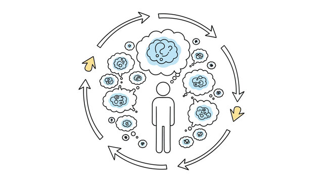 The Cycle of Thought: A stylized depiction of a person surrounded by thought bubbles, illustrating the complex process of contemplation, confusion, and questioning in a circular flow of ideas.