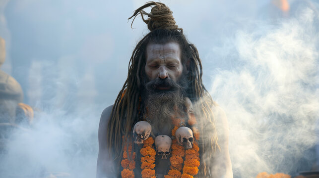 Low-angle portrait of a Hindu ascetic seated amid thick ceremonial smoke, long matted dreadlocks and ash-covered face emerging through the haze while skull-shaped ornaments and ora
