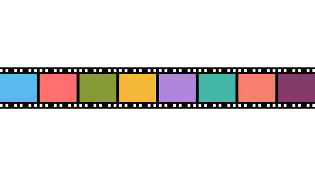 A colorful film strip with various solid color frames on a white background, representing diverse visual content.