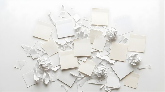 Scattered blank adhesive notes and torn paper pieces on white surface