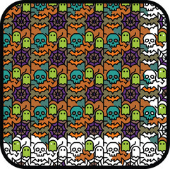 Fototapeta premium Halloween seamless pattern featuring colorful skulls bats ghosts and spider webs on dark background for festive seasonal party wrapping paper or textile designs.