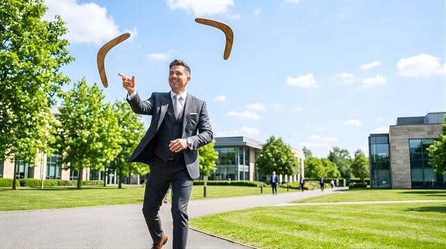 Smiling businessman playing with two wooden boomerangs in an office park