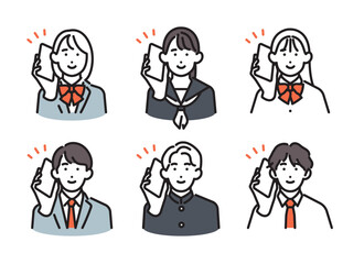 Obraz premium シンプル イラスト スマホで通話をする男女の学生6人セット ベクターイラスト