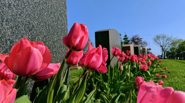 Low-angle view of bright pink tulips blooming beside a long row of dark granite gravestones in a peaceful cemetery, lush green grass and spring flowers extending beneath a clear bl