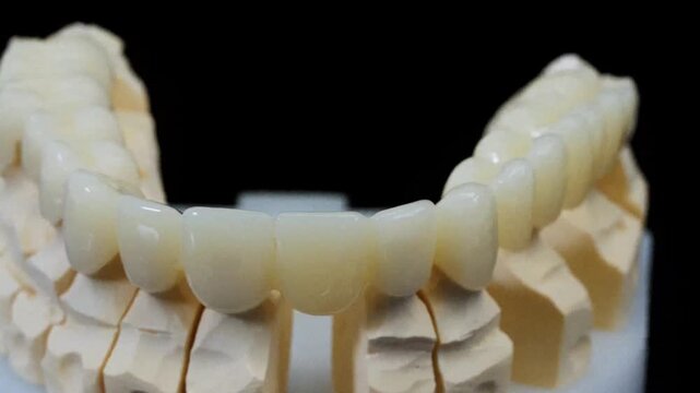 Dental ceramic crowns bridge on gypsum model rotating on black background.