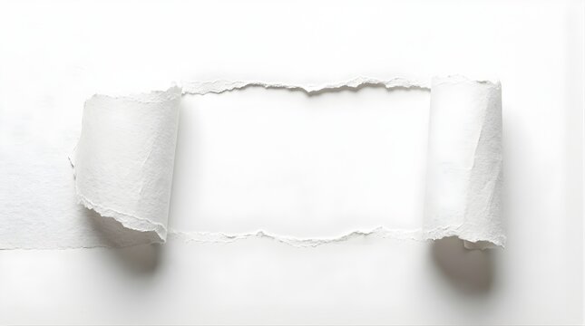 White torn paper sheet with ripped edges and central rectangular opening