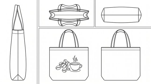 Tote Bag Technical Drawing Flat Sketch Mockup with Coffee Print and Multiple Views for Fashion Design