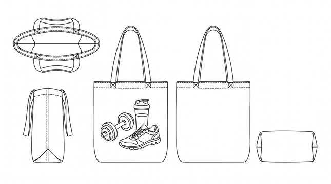 Gym Tote Bag Technical Flat Sketch Vector Template with Fitness Graphic Illustration
