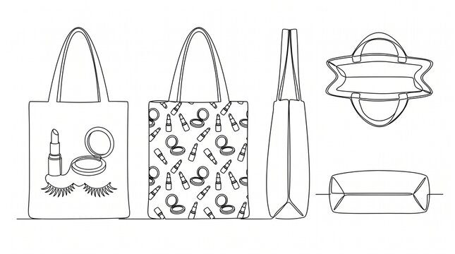Tote Bag Mockup with Makeup Pattern and Graphics Continuous Line Art Set