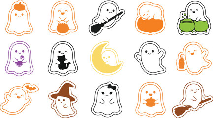 Fototapeta premium A collection of cute ghost stickers featuring various halloween themes and festive activities on a white background